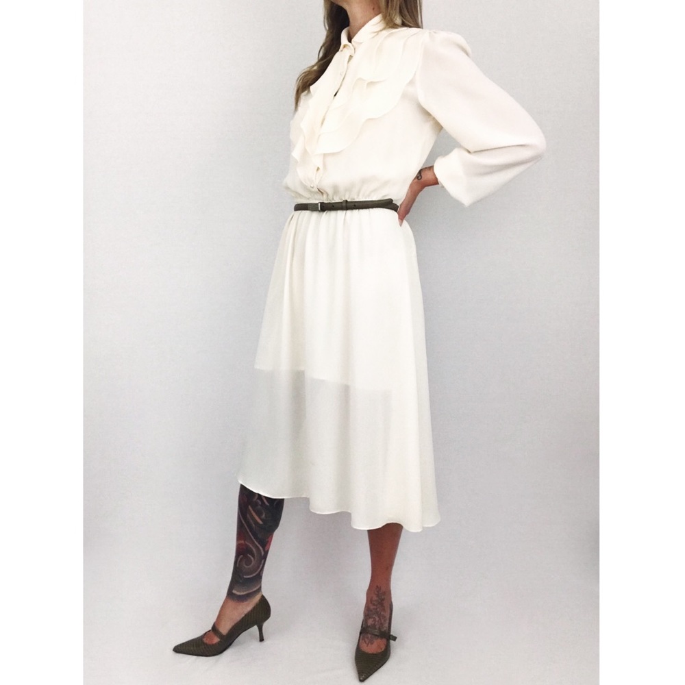 Vintage Sheer Ruffle Midi Dress in Ivory | Size S/M - Picture 3 of 15